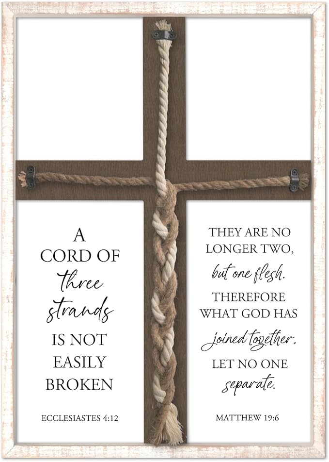 YWJKWLGS A Cord of Three Strands Wedding Ceremony Sign 22x16 Inch Anniversary Unity Knot Cross Christian Marriage Prayer Art Ideas Braid Rope Wall Decor for Couple Religious Wood Framed (White)
