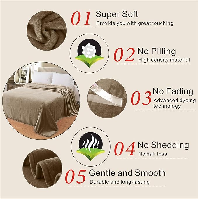 Fleece Blankets for All Season - Premium Lightweight Anti-Static Throw for Queen/Full Size Bed Extra Soft Brush Fabric Warm Sofa Thermal Blanket 90" x 90"(Taupe)