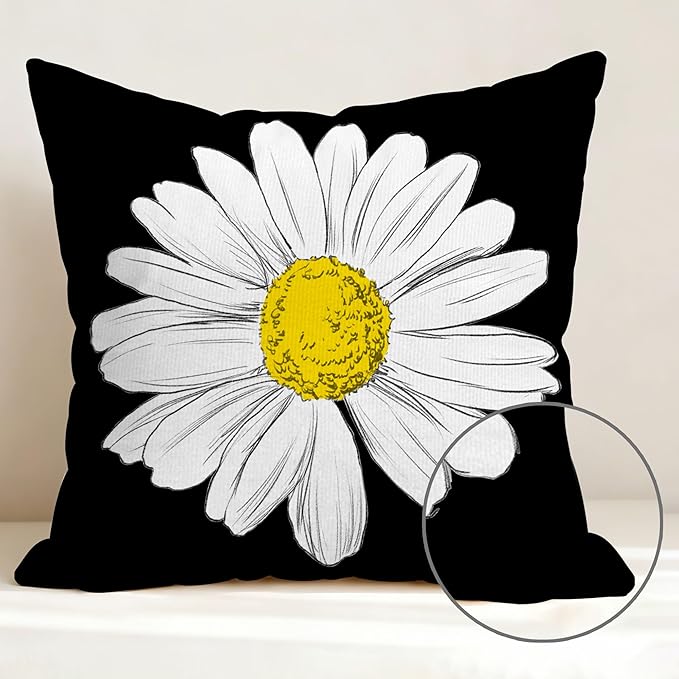 Hexagram Spring Summer Pillow Covers 18x18 Set of 4, Outdoor Floral Daisy Decorative Black Throw Pillow Covers, You are My Sunshine Farmhouse Cushion Case for Couch Sofa Indoor Home Decor(No Insert)