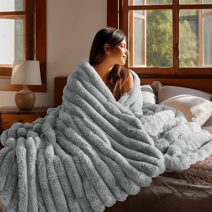 BEDELITE Faux Fur Throw Blanket for Couch, Soft and Cozy Luxurious 3D Striped Fluffy Blanket, 770GSM Thick Warm Plush Fuzzy Faux Rabbit Fur Blanket for Women Gift (Crey, 60"x 80")
