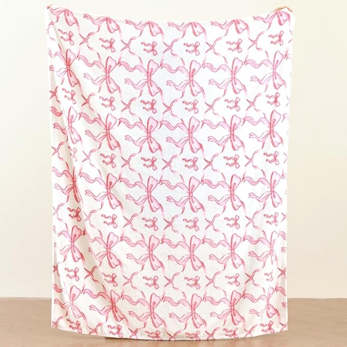 Pink Bow Throw Blanket –Easter Soft Fleece Blanket for Girls and Women, Coquette Aesthetic Room Decor for Bed, Couch, Chair, Preppy Bedroom or Gift, Cute Pink Bow Decor Blanket
