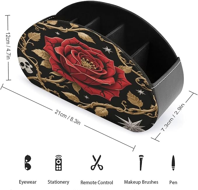 Peel And Stick Gothic Remote Control Holder Organizer Box with 5 Compartment PU Leather Bedside Storage Caddy Remote Organizer for Controller Media Player Pen/Pencil Storage