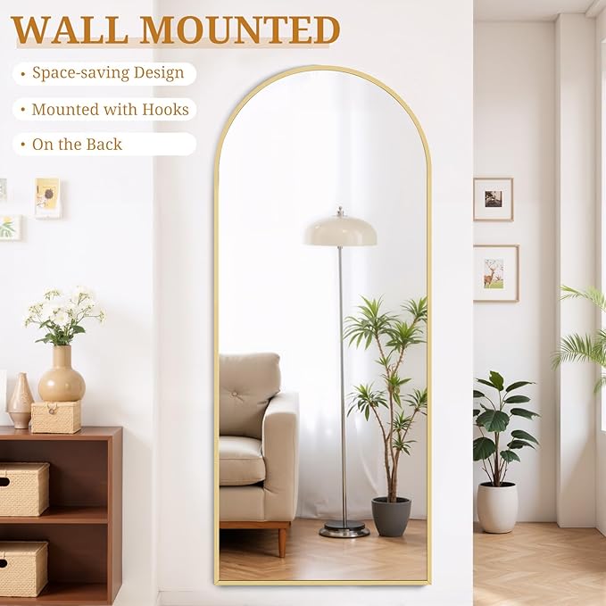Full Length Mirror 68"x26" Full Body Mirror Arched Free Standing Wall Mounted Leaning Floor Mirrors with Stand Aluminum Alloy Frame for Bedroom Cloakroom, Gold