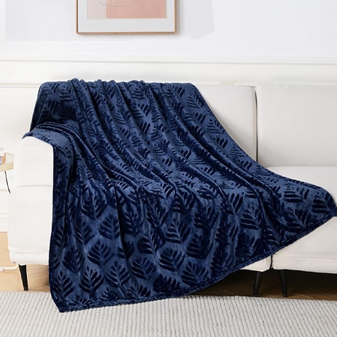 Exclusivo Mezcla Fleece Throw Blanket for Couch, Super Soft and Cozy Blankets All Season Use, Leaves Pattern, Plush Fuzzy Lightweight, Navy Blue, 50x60 Inch