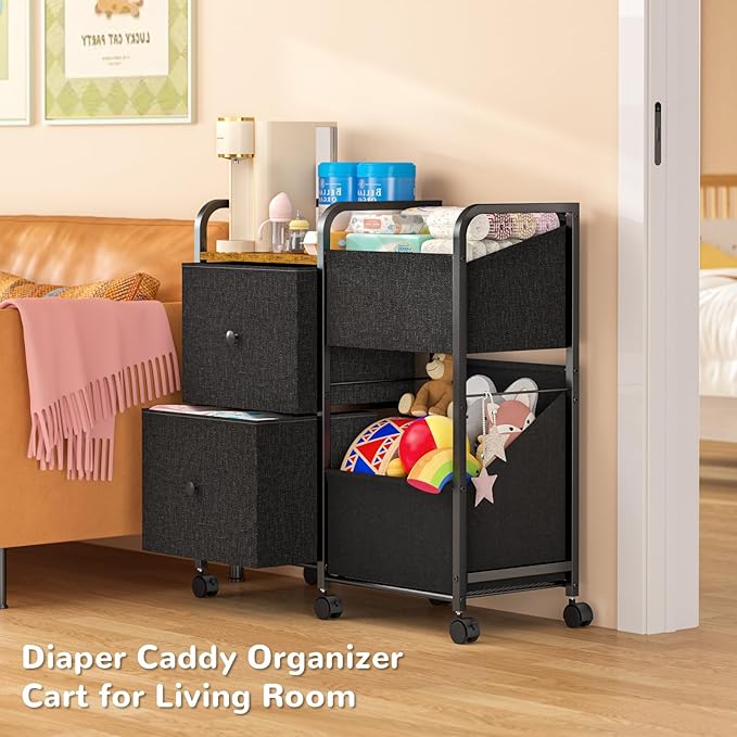 Baby Diaper Caddy Organizer Cart, Bedside Cart for Baby Essentials, Newborn Rolling Ulitity Cart with Drawers and Wheels, Baby Organizers and Storage for Bedroom, Living Room, Bathroom
