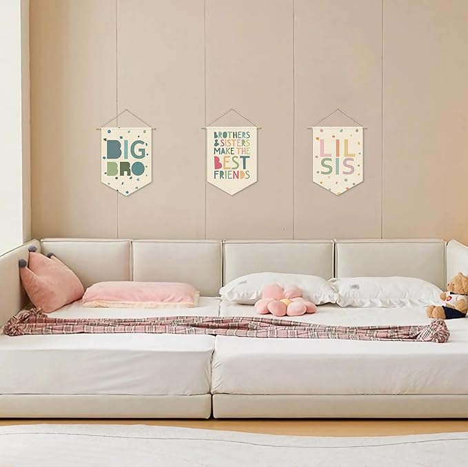 Little Sisters Canvas Banner Pink Girl Nursery Decor ,Sisters Bedroom Playroom Wall Art Decorations,Boho Twin Room Sign,Lil Sis Big Sis,Two Baby Kids Room Sibling Wall Hanging Pennant Flag Banner