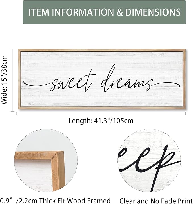 Sweet Dreams Wall Decor Above Bed Large 41''×15'' Farmhouse Wall Decor for Bedroom Guest Room Decor Framed Wood Wall Art Rustic Master Bedroom Wall Decoration 01 (brown frame)