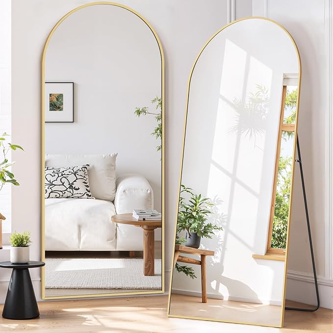 Full Length Mirror 65"x24" Full Body Mirror Arched Free Standing Wall Mounted Leaning Floor Mirrors with Stand Aluminum Alloy Frame for Bedroom Cloakroom, Gold