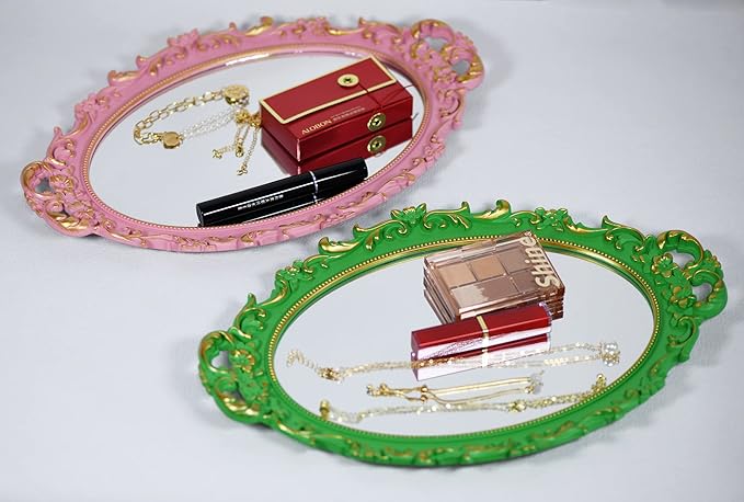 2PACK - Vintage Decorative Pink Framed Mirror, Wall Hanging Mirrors & Tabletop Tray for Bedroom Living Room Dresser Decor, Oval- 9.6" W x 14.3" L (PINK-2PACK)