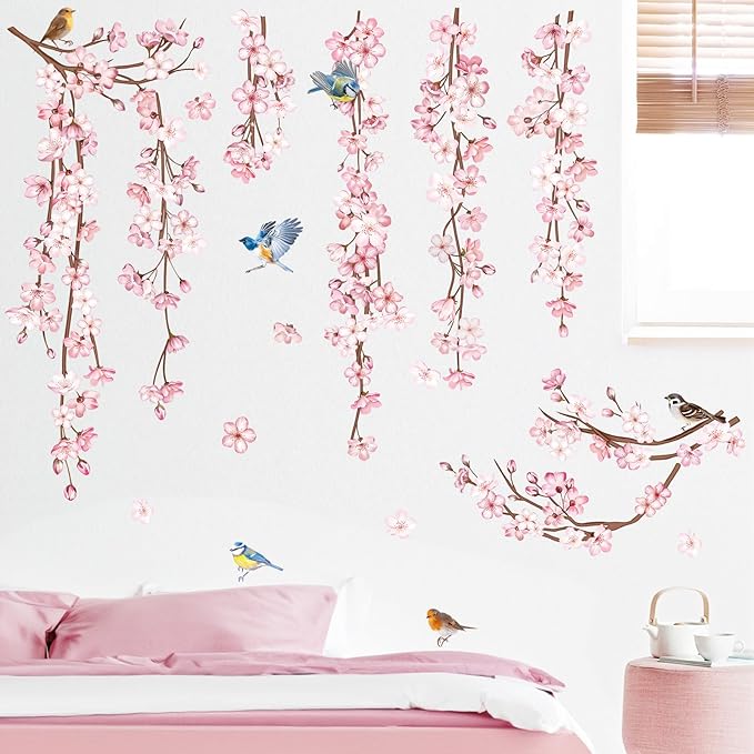 decalmile Cherry Blossom Flower Vine Wall Decals Hanging Floral Tree Branch Birds Wall Stickers Living Room Bedroom Office Wall Decor