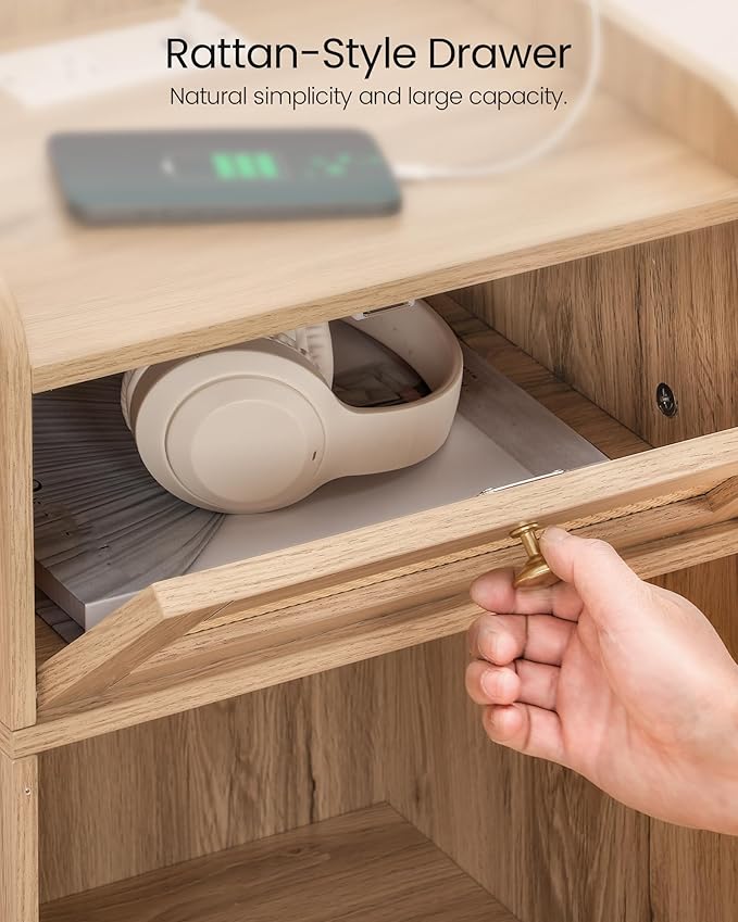 Rattan Nightstands Set of 2 with Charging Station, Boho Nightstand, Rattan Bedside Tables with Drawer, Storage Side Table with 2 USB Ports, Bedroom, Natural MBZ01UP2WO