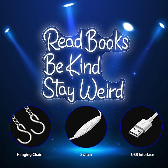 Neon Sign, Read Books Be Kind Stay Weird Neon Signs for Wall Decor White LED Neon Light Up Signs Home Decor for Study Room Bookstore Bedroom Business Club Decoration USB Operated
