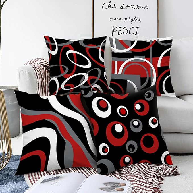 Black and Red Throw Pillow Covers 18x18 Set of 4 Grey Modern Abstract Geometric Decorative Pillow Covers Circle Pattern Pillowcases Decor for Couch Sofa Bedroom Outdoor