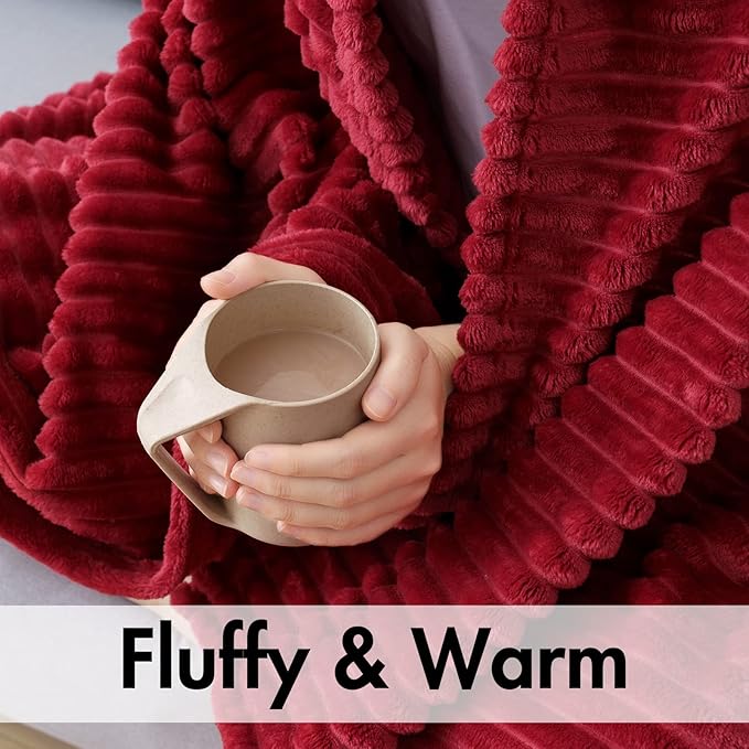 MIULEE Fleece Throw Blanket for Couch 300GSM Super Soft Lightweight Plush Striped, Burgundy Red Warm Cozy Breathable Ribbed Blanket for Bed/Sofa, Twin Size 60"x80"