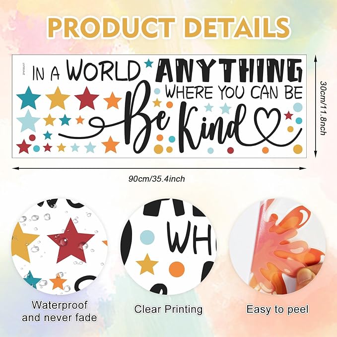 HLNIUC Be Kind Quotes Wall Sticker(35”x12”)In a World Where You Can Be Anything Art Decal,Motivational Sayings Star Wall Decals,Colorful Dots Inspirational Words Room Stickers for Kids Bedroom,Nursery