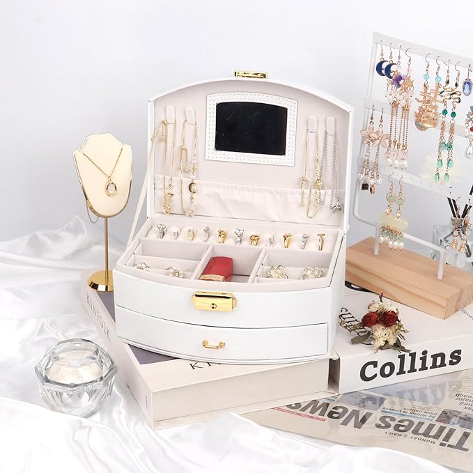 Jewelry Box Organizer, PU Leather Double Layer Jewelry Organizer with Drawer and Mirror, Lockable Jewelry Storage Organizer for Rings Earrings Necklaces, Portable Jewelry Box for Home and Travel