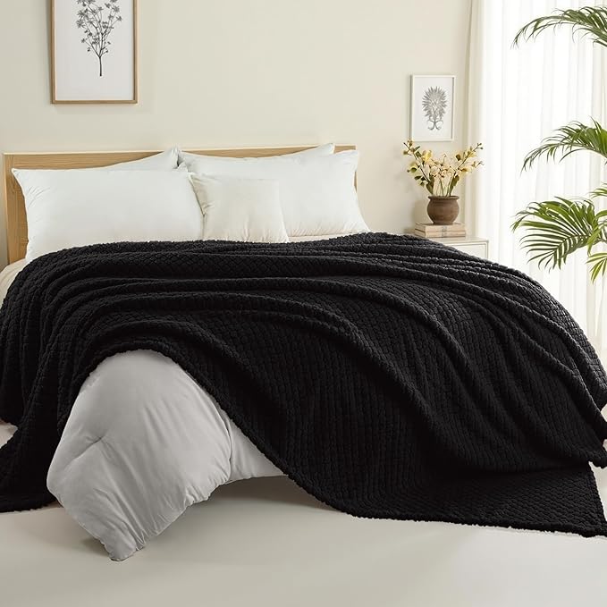 Exclusivo Mezcla Queen Size Fleece Blanket for Bed, Extra Soft Warm Decorative Fuzzy Blanket for Women, Lightweight Cozy Bedding Blankets, 90x90 Inches, Black