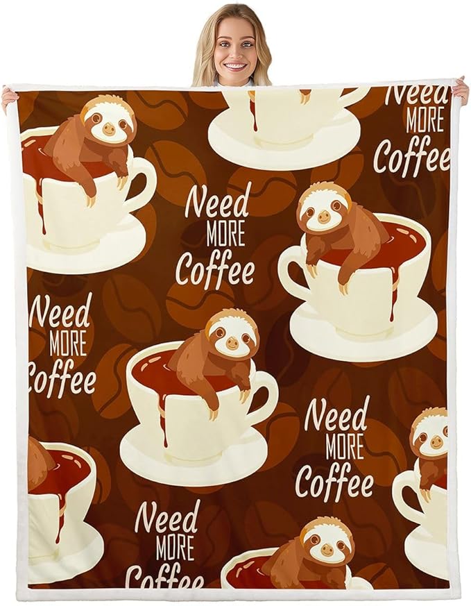 Erosebridal Sloth Coffee Fleece Sherpa Blanket for Boys Girls Adults - Coffee Cup Beans Print, Fuzzy Throw - Twin 60"x80" Brown White