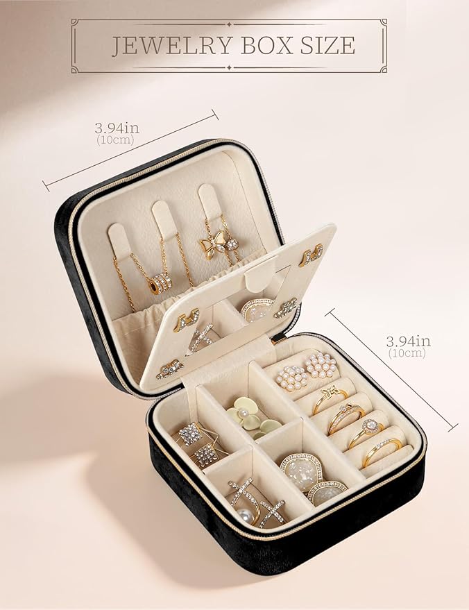 Plush Velvet Travel Jewelry Case Small Jewelry Box Jewelry Organizer Storage Case Portable Jewelry Travel Case for Girls Womens Earring, Necklace, Rings,Bracelets with Mirror