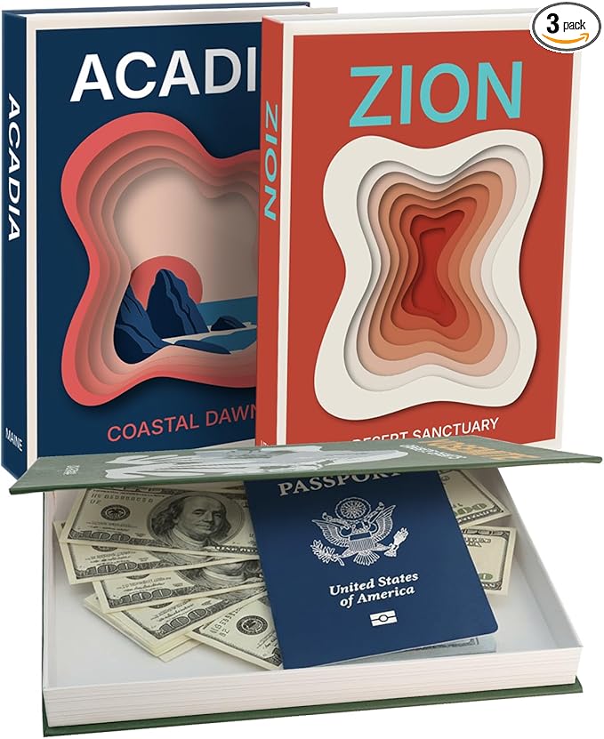 Gifts for Travelers & Hikers - National Park Decorative Books with Storage (Zion, Yosemite, Acadia) - Vintage Travel Decor Memory Box for Keepsakes, Coffee Table & Shelf Display (Set of 3)