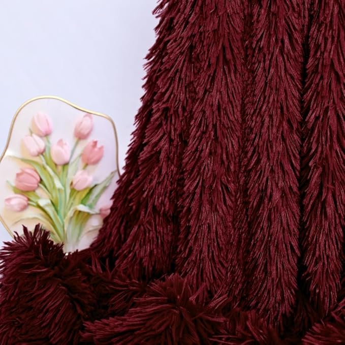 MYRU Plush Blanket Bedding Sofa Cover Furry Fuzzy Fur Warm Throw Quilt Cozy Couch Blanket for Winter (63 x 79 Inch,Wine Burgundy Red)