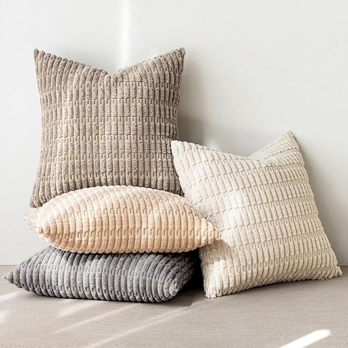 MIULEE Pack of 4 Neutral Corduroy Decorative Throw Pillow Covers 16x16 Inch for Sofa Living Room Couch Bed Rustic Farmhouse Boho Soft Striped Pillow Covers Home Decor Beige and Brown