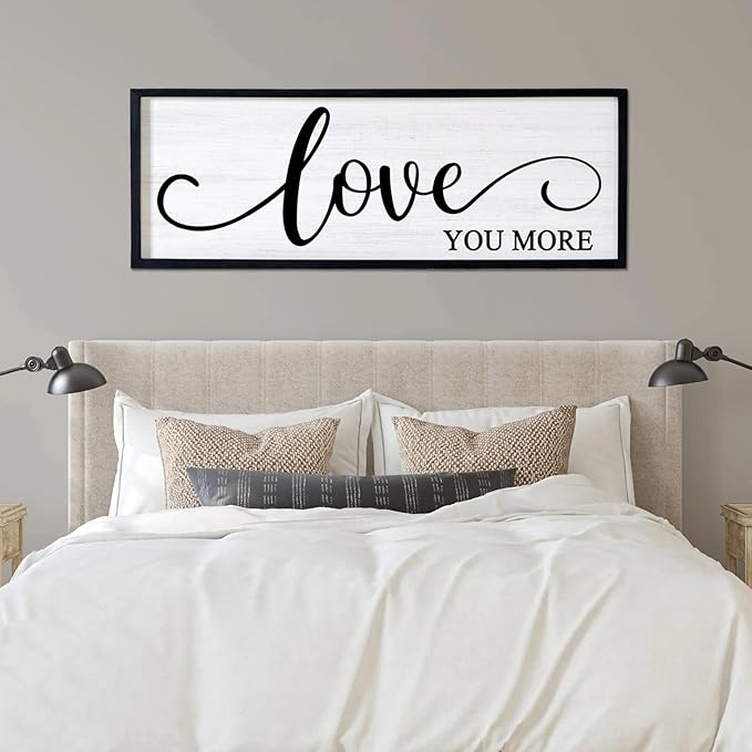 Love You More Decorative Rustic Sign & Plaque Framed Wall Art for Couples, 40''×15'' Vintage Cottagecore Wooden Horizontal Love Quote Home Decor Above Bed for Living Room, Farmhouse Wedding Gift