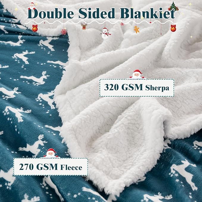 LBRO2M Sherpa Fleece Bed Blanket Queen Size,Christmas Super Soft Fuzzy Plush Warm Cozy Fluffy Microfiber Couch Throw Velvet Double Reversible Luxurious Blankets Green White Deer