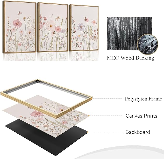 Wodkwq 3 Piece Framed Wall Art Wildflower Wall Decor Botanical Canvas Art Floral Pictures Watercolor Paintings Pink Artwork Prints for Nursery Bedroom Living Room