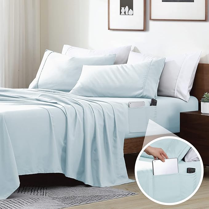 Swift Home Smart Sheets, Ultra Soft Brushed Microfiber 3-Piece Sheet Set, Fitted Bed Sheet with Side Storage Pockets – Aqua, Twin XL