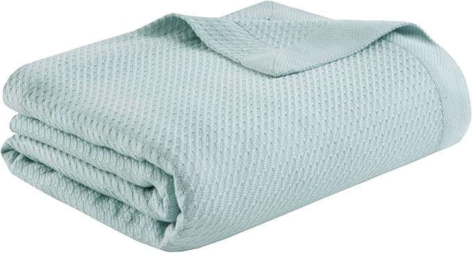 Madison Park 100% Egyptian Cotton Lightweight Summer Blanket, Breathable Waffle Knit Design, Soft Cozy All-Season Throw for Bed, Couch or Sofa, Light Blue Twin Size (66"x90")
