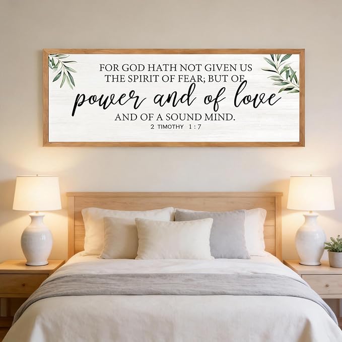 For God Hath Not Given Us the Spirit of Fear Wall Art – 40x15 Inch Framed Bible Verse Decor, 2 Timothy 1:7 Christian Wall Decor, Large Scripture Wall Art for Living Room Bedroom, Natural