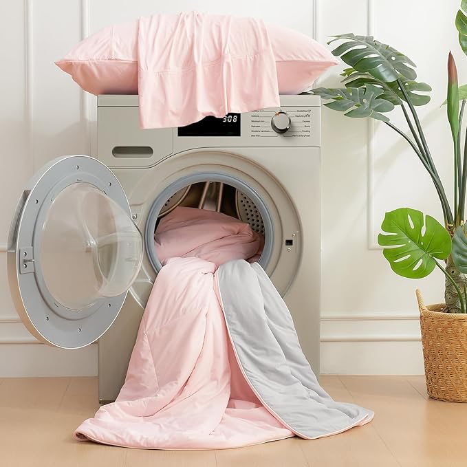 Cozy Bliss Cooling Comforter Twin Size, Cooling Blankets for Hot Sleepers and Night Sweats, Pink Gray Summer Comforter for Twin Size Bed, Breathable Soft Lightweight Silk Smooth