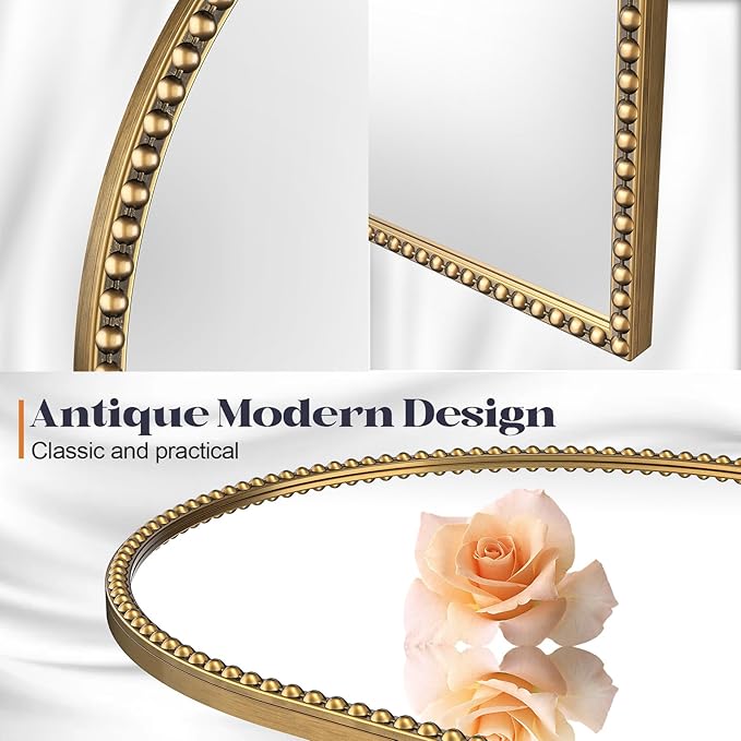 Arched Antique Gold Mirror with Beaded, 28"x36" Decorative Wall Mirrors, Champagne Bronze Brass Frame Vintage Mirror for Bedroom Dressing Room Entryway Fireplace