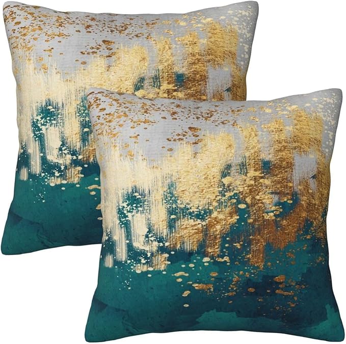 Emerald Green and Gold Throw Pillow Covers Set of 2 18x18 Inch, Teal Gold Modern Decorative Square Pillowcases for Couch Sofa Living Room Bedroom Car Office, Christmas Green Pillow Covers, Home Decor