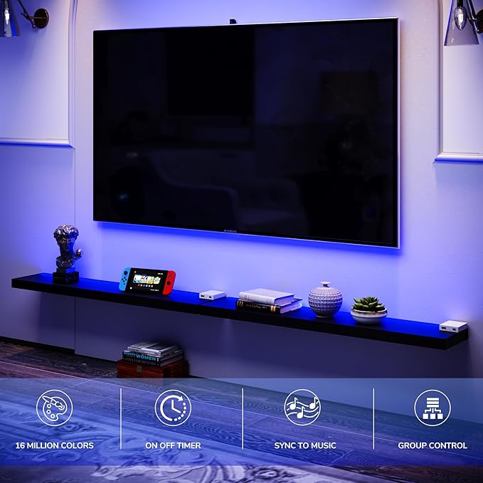 BAMEOS RGB LED Floating Shelves for Wall, 35" Wall Mounted Wooden Shelves with Invisible Brackets, Set of 2, Hanging Wall Shelves for Bedroom, Living Room, Kitchen, Study(Black)