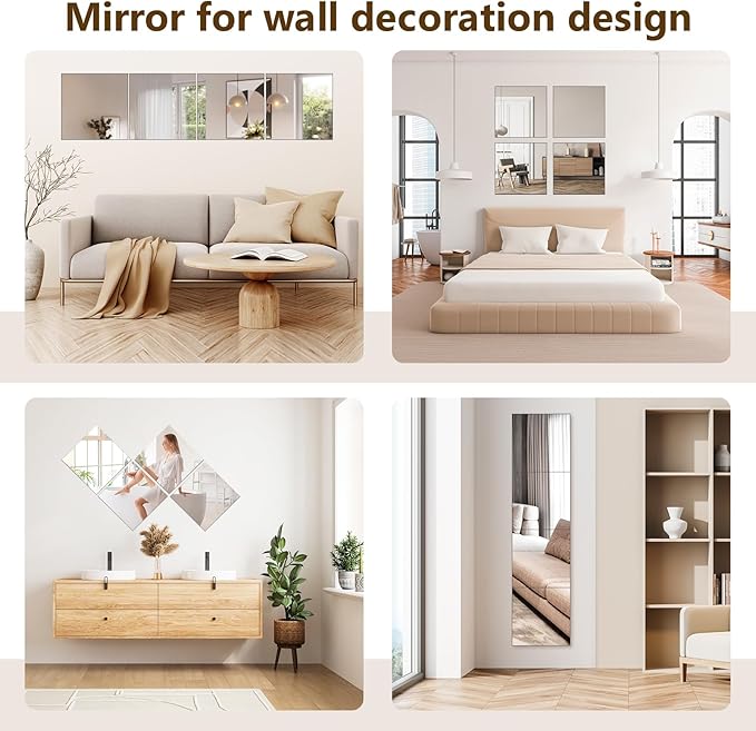 4 Pack Wall Mirror Full Length, 12 x 12 Inch Acrylic Mirror Tiles, Shatterproof Flexible Plastic Mirror Sheets for Bedroom Home Gym Door