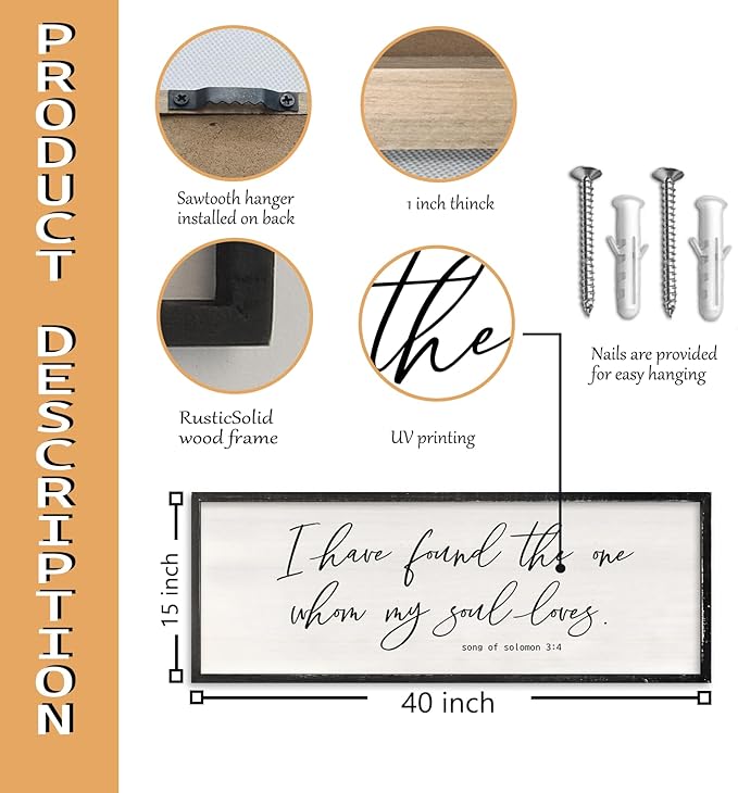 I Have Found The One Whom My Soul Loves Wall Art 40x15 Inch Large Song of Solomon 3:4 Sign Master Bedroom Above Bed Wood Frame Wall Hanging Decor (Black)