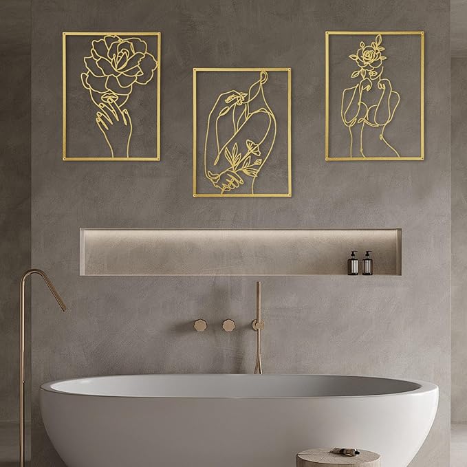 GOKURVG Wall Art Over Bed Wall Decor 3Pcs Metal Wall Art Above the Bed Wall Decor Minimalist Single Line Art Flower Woman Wall Art Gold Room Decor for Bedroom Modern Wall Art for Indoor 16.5x12.5in