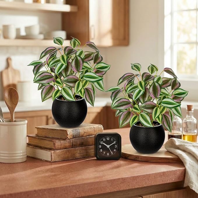 2 Packs Artificial Plants in Black Pot Tradescantia Zebrina Fake Plants Potted Decorative Faux Plant for Home Kitchen Decor