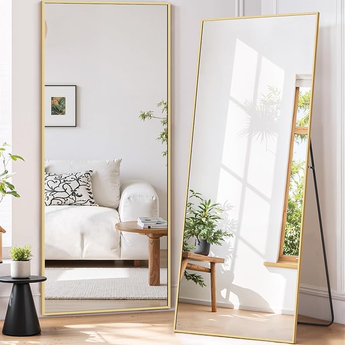 Full Length Mirror 68"x26" Full Body Mirror Rectangle Free Standing Wall Mounted Leaning Floor Mirrors with Stand Aluminum Alloy Frame for Bedroom Cloakroom, Gold