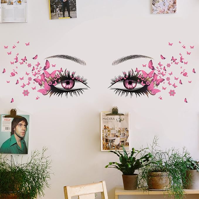 Beautiful Eyelash Eyes Wall Stickers Flying Butterfly Decals Girl Heart Decor Vinyl Art Butterflies Stickers for Women Girls Bedroom Living Room Decoration