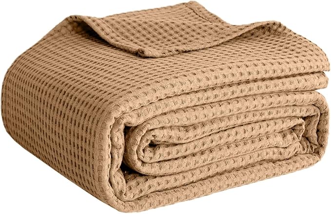 100% Cotton Blankets for Bed - Waffle Weave Blankets for Summer, Lightweight and Breathable Soft Woven Blanket for Spring (Beige, Throw (50" x 60"))