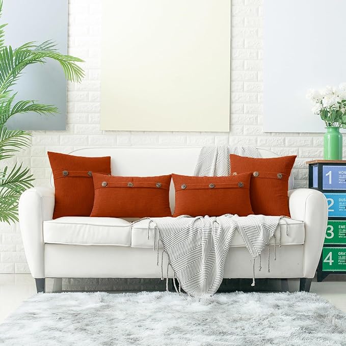 HWY 50 Burnt Orange Chenille Throw Pillow Covers 12x20 Inch with Triple Buttons, Soft Fall Farmhouse Accent Decorative Cushion Cases for Couch Sofa Bed Living Room Pack of 2 Rectangle