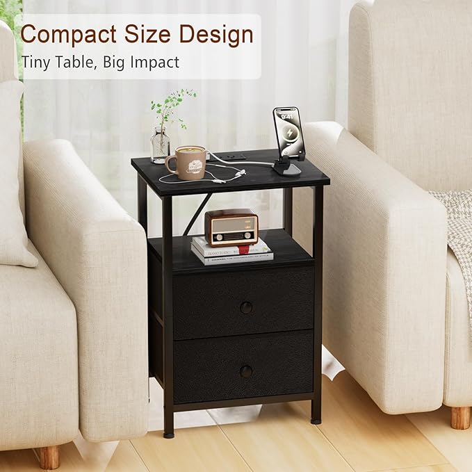 Night Stand with Charging Station, Small Bedside Table with 2 Fabric Drawers, Nightstand with USB Ports & Outlets for Bedroom, Living Room, Black, HETS020BK-1