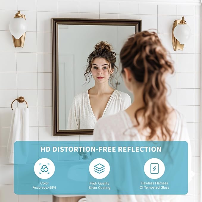 Retro Copper Effect Framed Wall Mirror, 36x40 Rectangle Mirror, Anti-desilvering Tempered Glass, Sustainable&Sturdy Frame, Anti-Rust, HD Reflection &3min Fast Setup for Bathroom Living Room