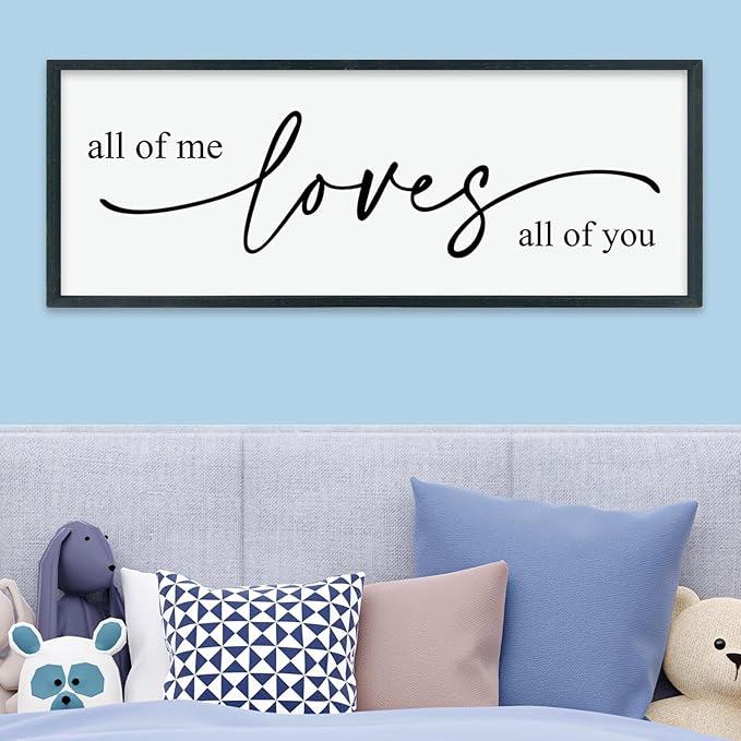 LuZhiQiang All Of Me Loves All Of You Wall Decor Art 40"×15" Master Bedroom Above Over Bed Sign Romantic Minimalist Love Quotes for Couples Large Framed Wooden Wall Hanging (Black)
