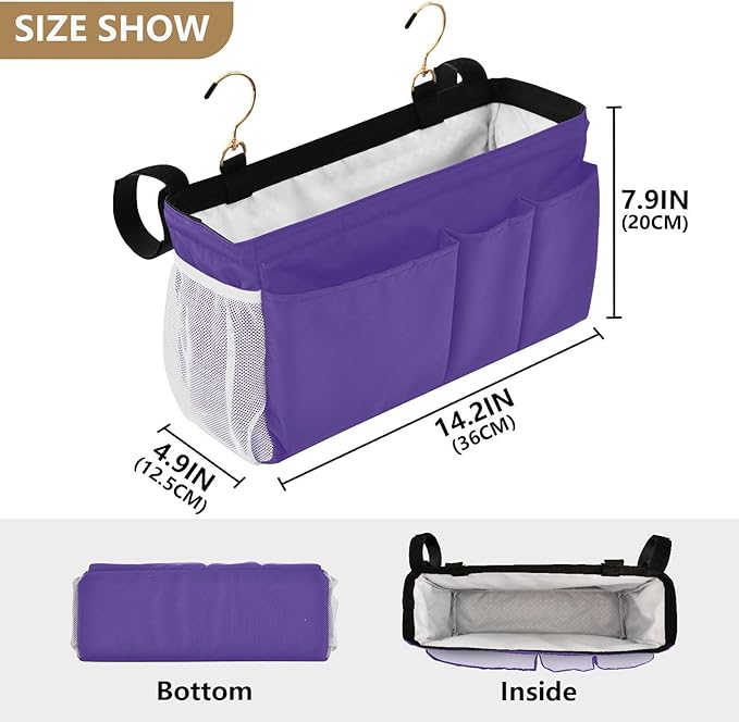 DOMIKING Dark Purple Bedside Caddy for Dorm Bed Recliner Armrest Organizer with Hooks Haning Storage Pockets for Remote Control Couch Recliner