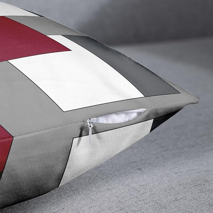 Emvency Set of 2 Burgundy Red Geometric Throw Pillow Cover Black Grey White Painting Abstract Checkered Design Decorative Pillow Case Modern Home Decor Standard Square 18x18 Inch Cushion Pillowcase