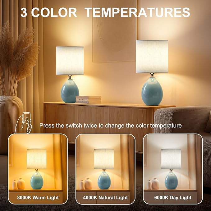18.5" Table Lamp Set of 2 for Living Room Bedroom, Bedside Lamps for Night Stands, Desk Nightstand Lamp Dimmable, Modern Linen Cream Ceramic Lamps (Blue)